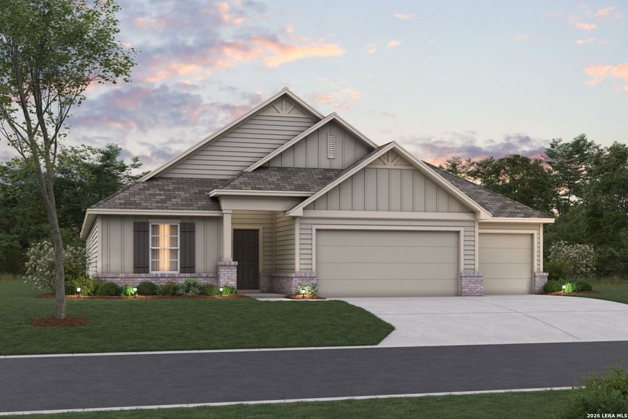 Front exterior of a new home in Vista Gardens, San Antonio, TX, highlighting curb appeal (Image 1). Front exterior of a new home in Vista Gardens, San Antonio, TX, highlighting curb appeal (Image 1).