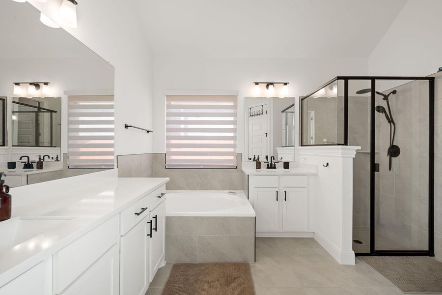 White vanity cabinets and a built-in tub with a separate shower. White vanity cabinets and a built-in tub with a separate shower.