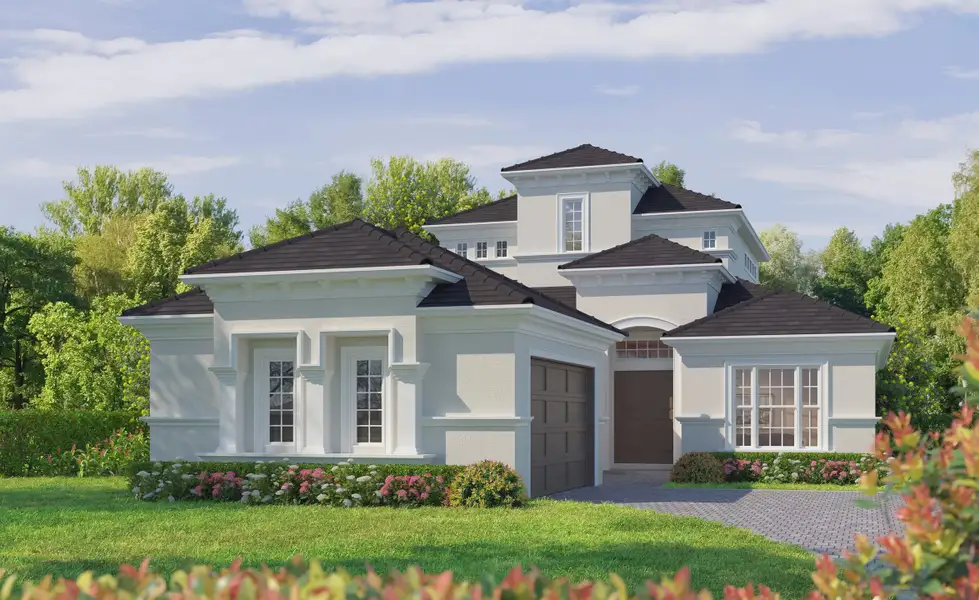 Representative exterior photo of a completed home built from the Avina II by ICI Homes in Oasis at Hammock Dunes, Palm Coast, FL (Image 1). Representative exterior photo of a completed home built from the Avina II by ICI Homes in Oasis at Hammock Dunes, Palm Coast, FL (Image 1).