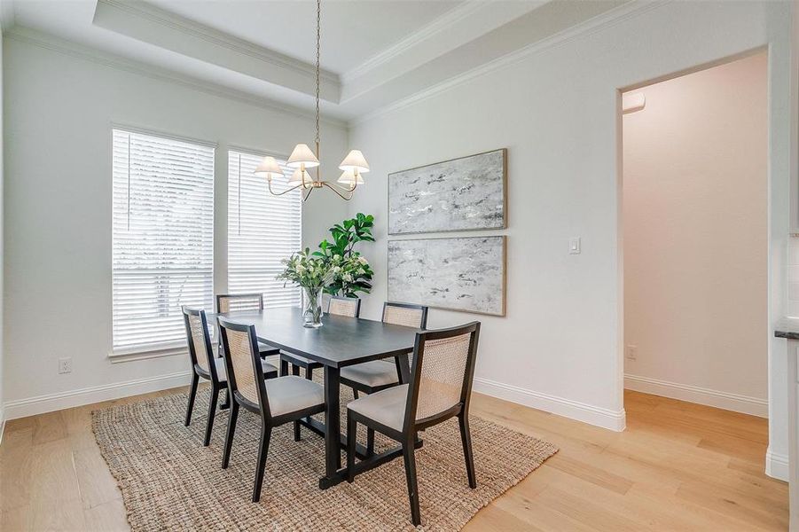 Dining room with crown molding, a notable chandelier, light hardwood / wood-style flooring, and a tray ceiling