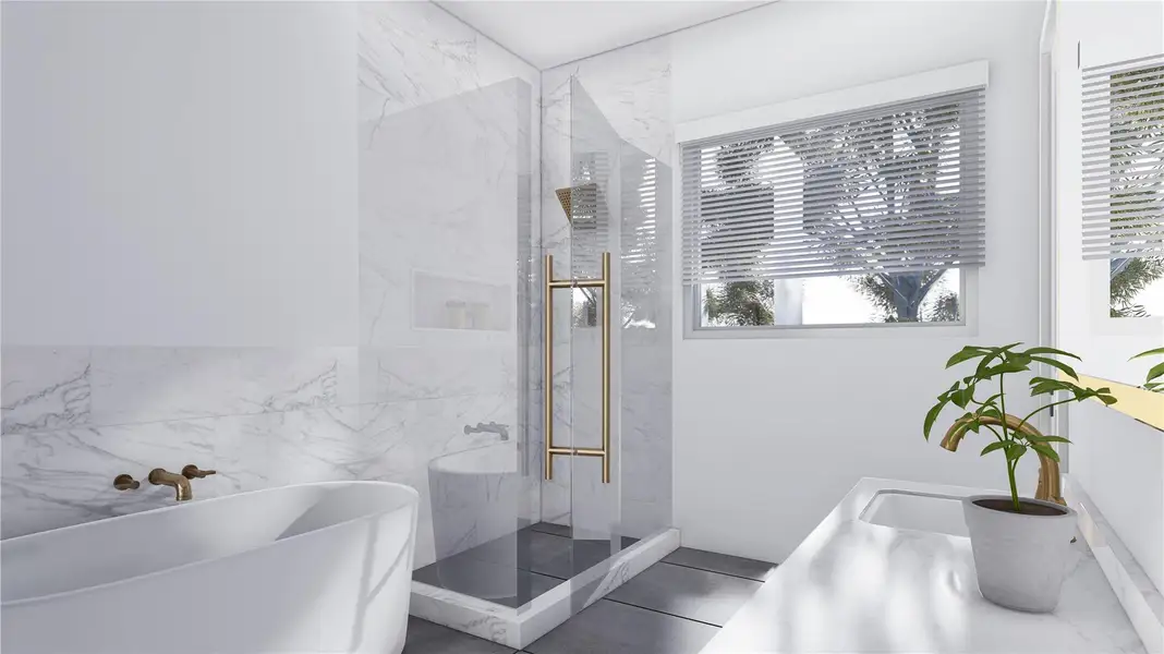 This is an inspirational virtual rendering of the primary bath - finishes are subject to change without notice. This is an inspirational virtual rendering of the primary bath - finishes are subject to change without notice.