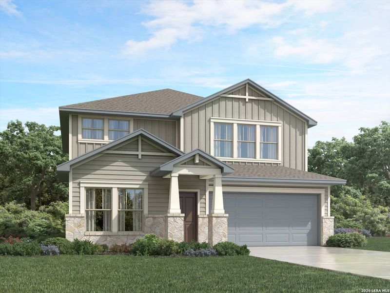 Front exterior of a new home in Estancia Ranch - Premier Series, San Antonio, TX, highlighting curb appeal (Image 1). Front exterior of a new home in Estancia Ranch - Premier Series, San Antonio, TX, highlighting curb appeal (Image 1).