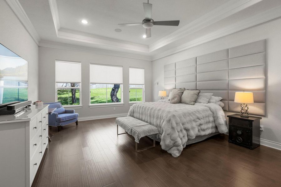 Hardwood floors and generous windows elevate this spacious, serene primary suite with a stylish tray ceiling.