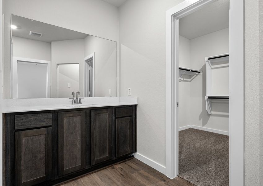 The master bathroom has a sprawling vanity.