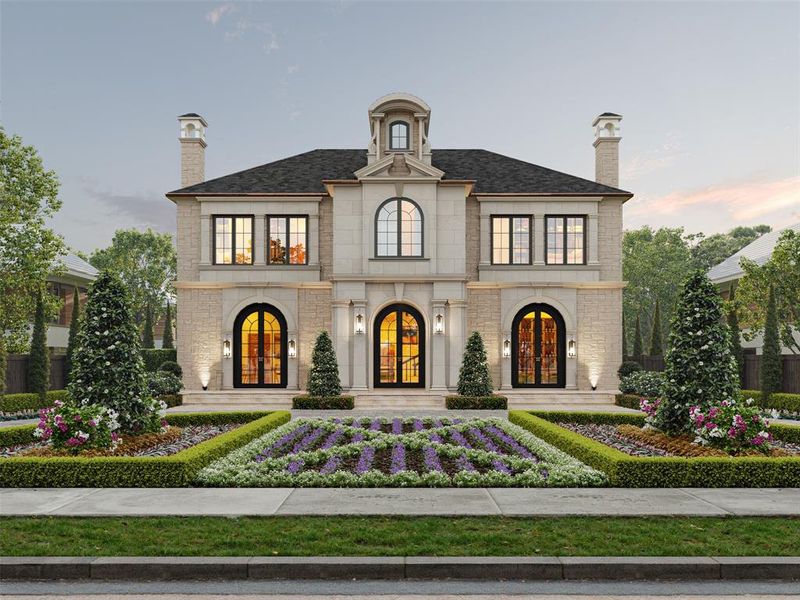 Stately stone and cast stone exterior, slate roof, copper gutters