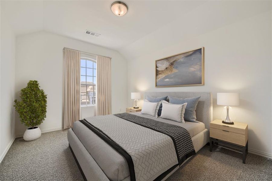 Virtually staged photo - Bedroom featuring carpet flooring and vaulted ceiling