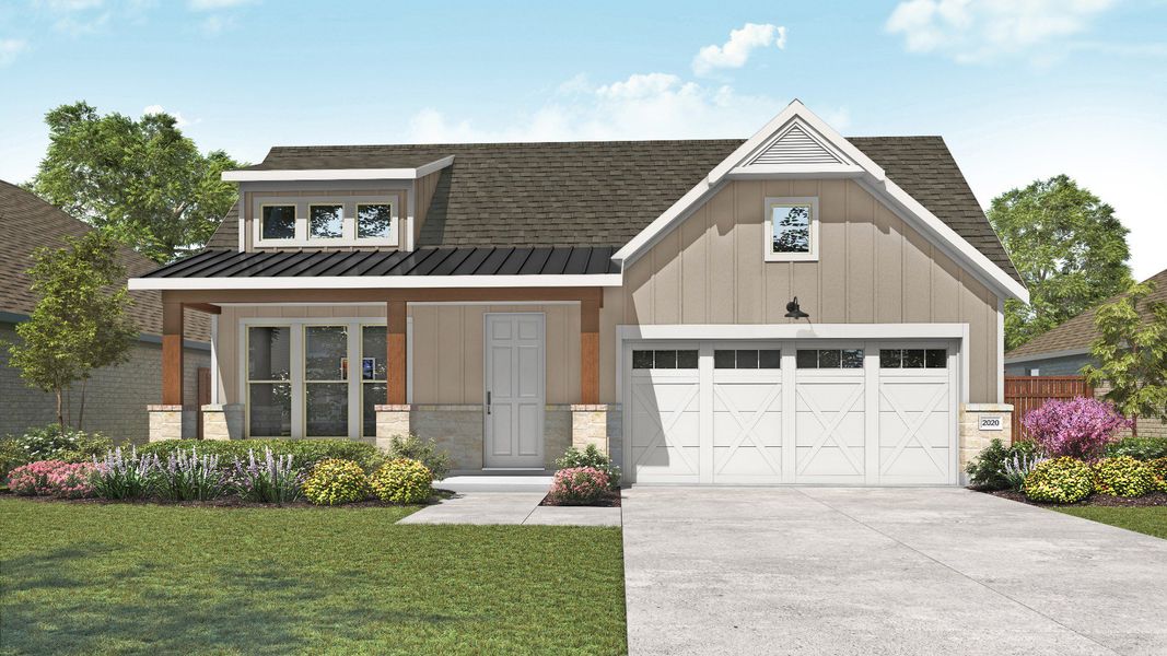 Representative exterior photo of a completed home built from the Laurel by DRB Homes in Whisper South, San Marcos, TX (Image 5). Representative exterior photo of a completed home built from the Laurel by DRB Homes in Whisper South, San Marcos, TX (Image 5).