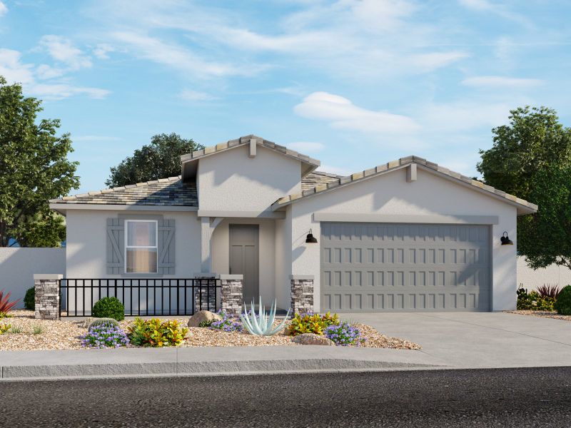 Representative exterior photo of a completed home built from the Onyx by Meritage Homes in Mountain View Estates Signature Series, Buckeye, AZ (Image 2). Representative exterior photo of a completed home built from the Onyx by Meritage Homes in Mountain View Estates Signature Series, Buckeye, AZ (Image 2).