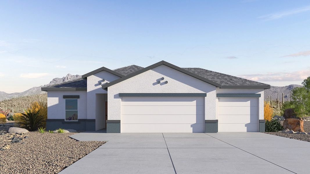 Front exterior of a new home in Sycamore Vista, Vail, AZ, highlighting curb appeal (Image 1).