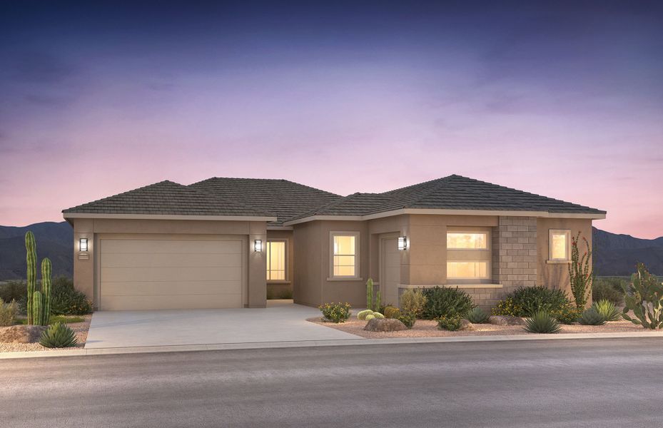 Front exterior of a new home in Vistoso Canyon Estates, Oro Valley, AZ, highlighting curb appeal (Image 5). Front exterior of a new home in Vistoso Canyon Estates, Oro Valley, AZ, highlighting curb appeal (Image 5).