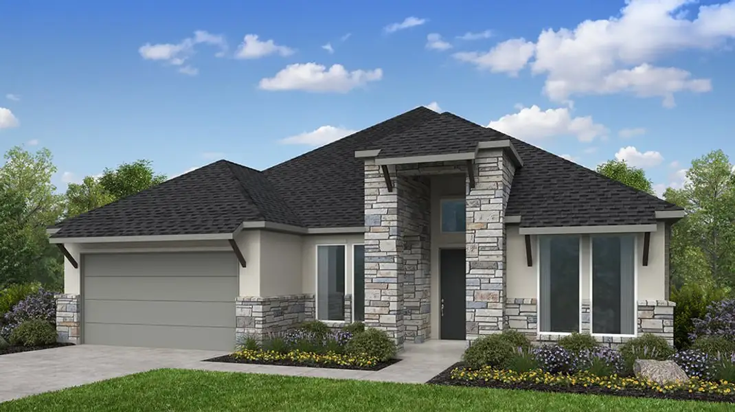 Representative exterior photo of a completed home built from the Blakely by Taylor Morrison in Blue Creek Trails, Richmond, TX (Image 3). Representative exterior photo of a completed home built from the Blakely by Taylor Morrison in Blue Creek Trails, Richmond, TX (Image 3).
