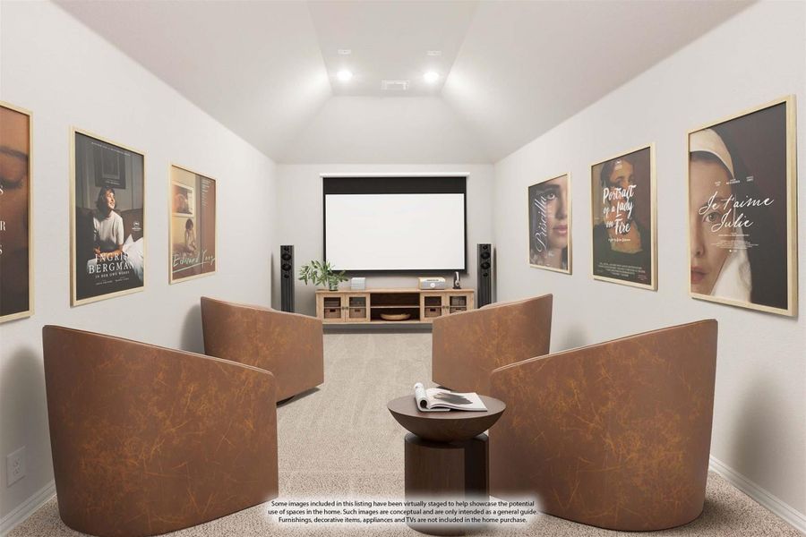 Home theater room with projection screen, surround sound speakers, leather chairs, and movie posters on white walls Home theater room with projection screen, surround sound speakers, leather chairs, and movie posters on white walls