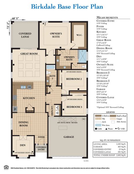 2D floor plan layout for the Birkdale by SeaGate Homes in Grand Haven, Palm Coast, FL (Image 5).