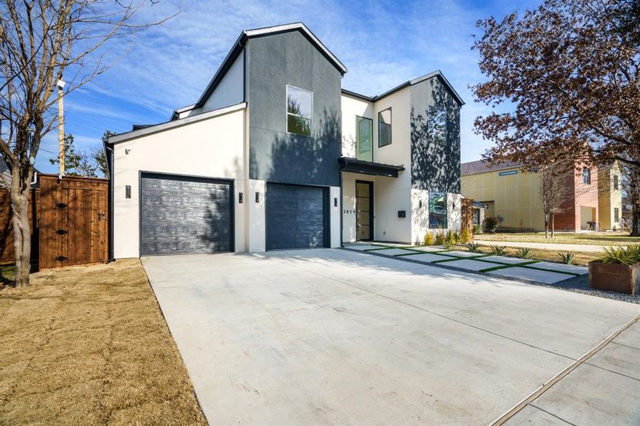 Contemporary home featuring a garage