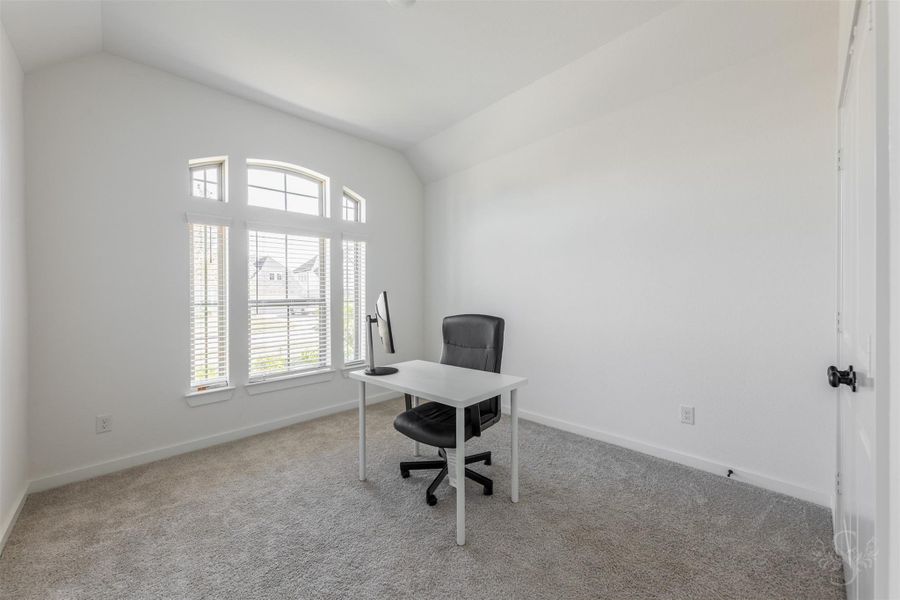 This bright secondary bedroom features a charming arched window trio that fills the space with natural light. Neutral tones and plush carpet make it an ideal setting for a guest room, study, or flexible living space. This bright secondary bedroom features a charming arched window trio that fills the space with natural light. Neutral tones and plush carpet make it an ideal setting for a guest room, study, or flexible living space.