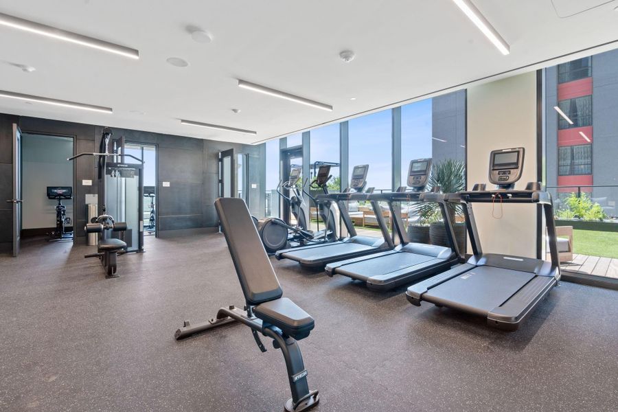 Located on the 12th floor, the state-of-the-art fitness studio includes weight rooms, spin rooms and a separate yoga studio.