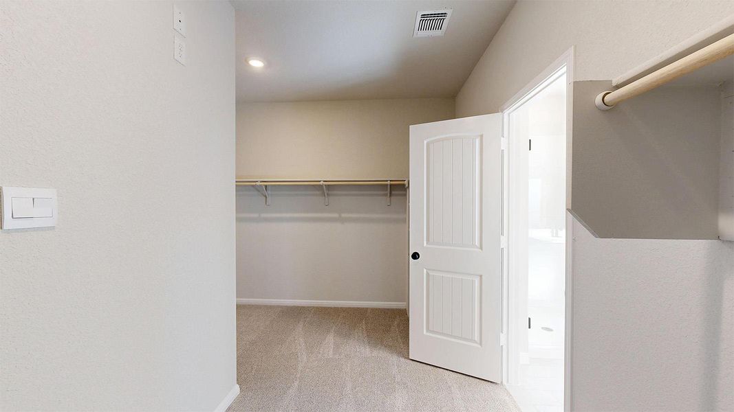 Walk in closet featuring light carpet