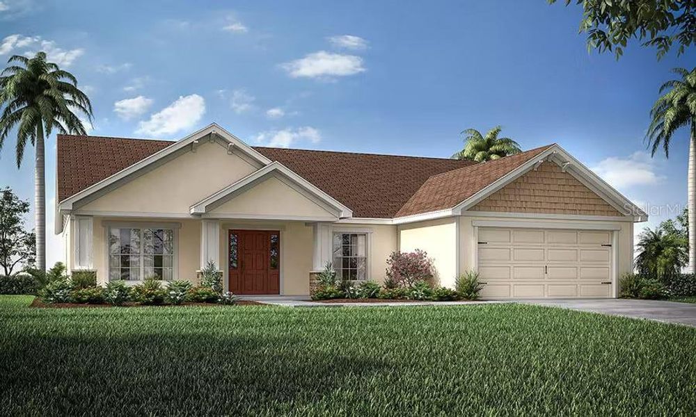 Front exterior of a new home in The Lakes, Lake Alfred, FL, highlighting curb appeal (Image 1).