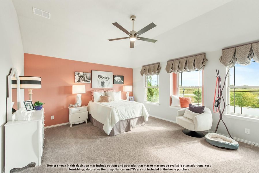 Bedroom with coral accent wall, ceiling fan, carpet flooring, and two windows with natural light