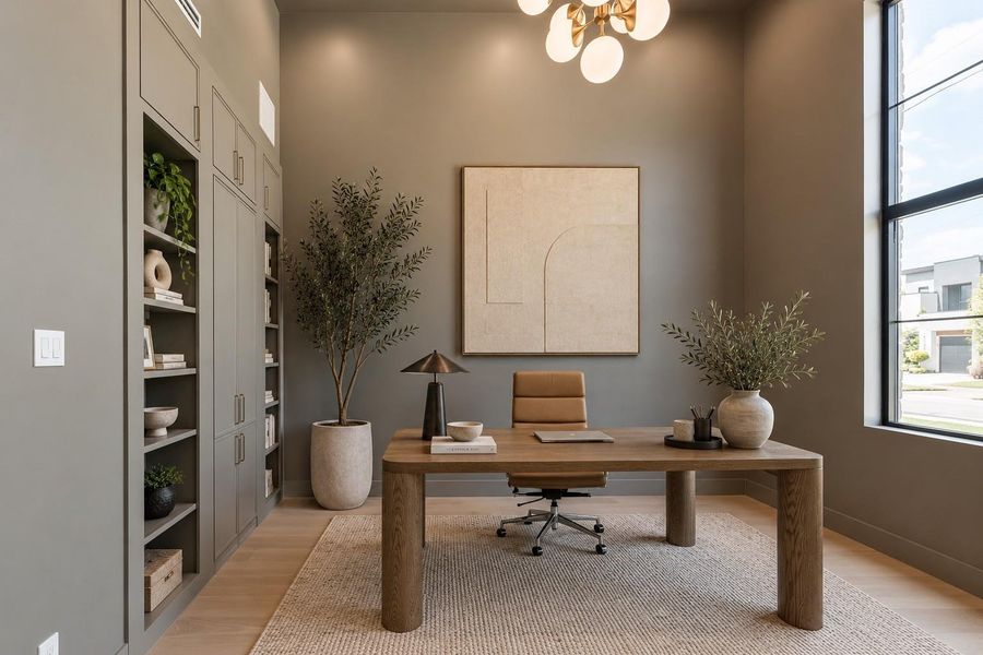 The private study pairs a dramatic 15 foot ceiling with glass walls that preserve the home’s sense of openness, while a concealed bookcase door adds an unexpected layer of privacy. The private study pairs a dramatic 15 foot ceiling with glass walls that preserve the home’s sense of openness, while a concealed bookcase door adds an unexpected layer of privacy.