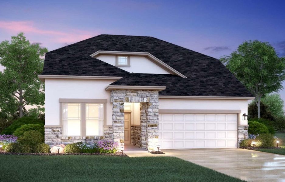 Front exterior of a new home in Estancia West, Manchaca, TX, highlighting curb appeal (Image 2). Front exterior of a new home in Estancia West, Manchaca, TX, highlighting curb appeal (Image 2).