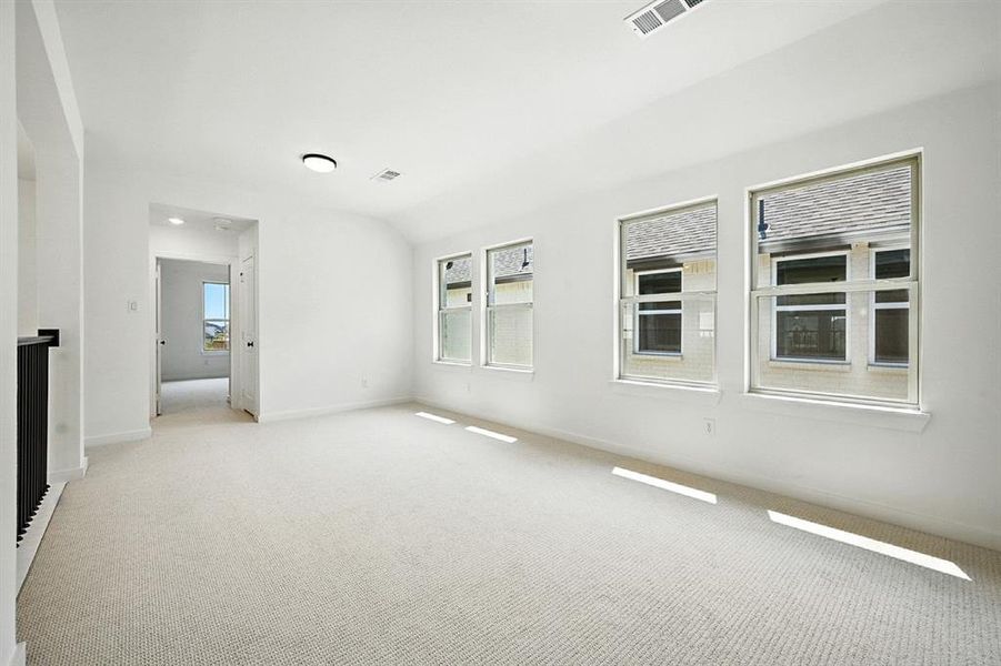 Carpeted spare room featuring plenty of natural light and lofted ceiling Carpeted spare room featuring plenty of natural light and lofted ceiling
