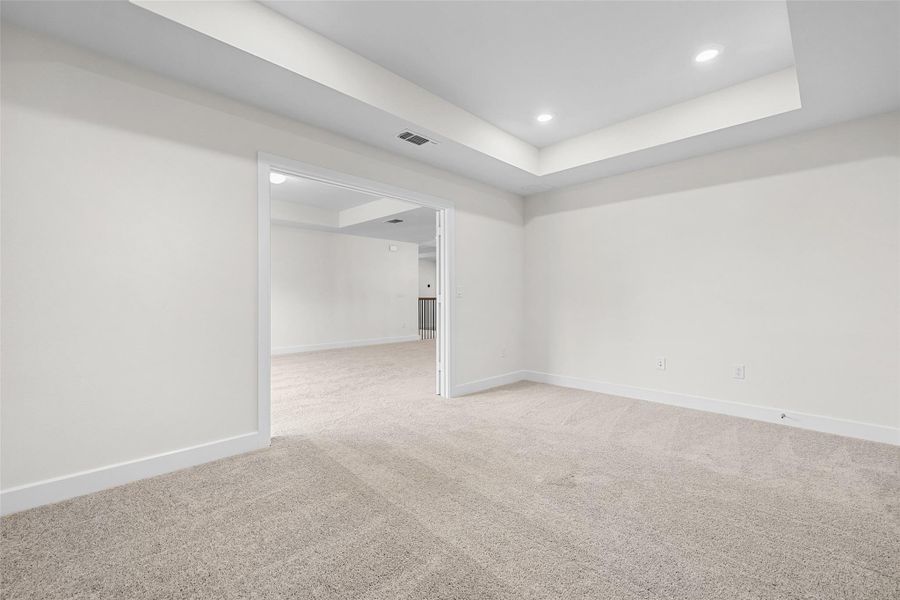 Spare room featuring light colored carpet, a raised ceiling, and recessed lighting Spare room featuring light colored carpet, a raised ceiling, and recessed lighting