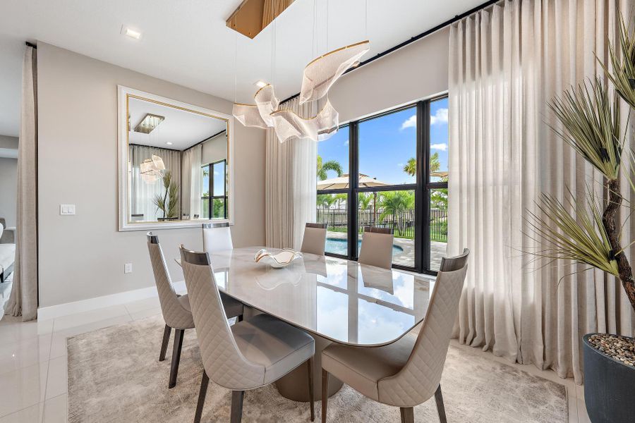 Custom high-end ceiling lighting over the casual dining table.