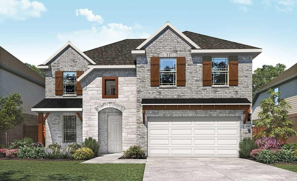 Front exterior of a new home in Park at Eldridge, Sugar Land, TX, highlighting curb appeal (Image 1).