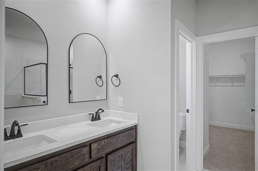 Bathroom with double vanity, a walk in closet, and light carpet