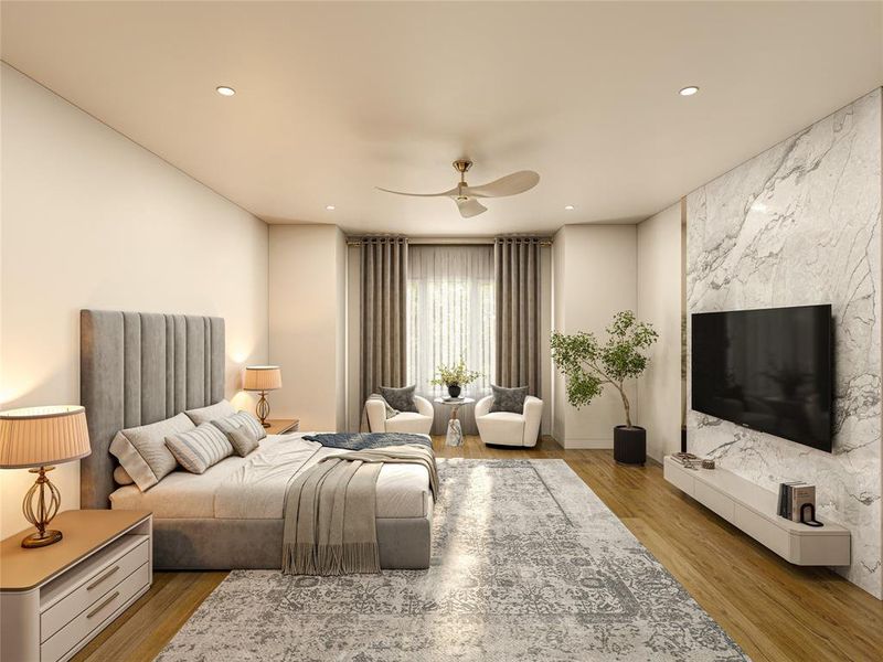 Spacious room featuring wood-finish flooring and a ceiling fan