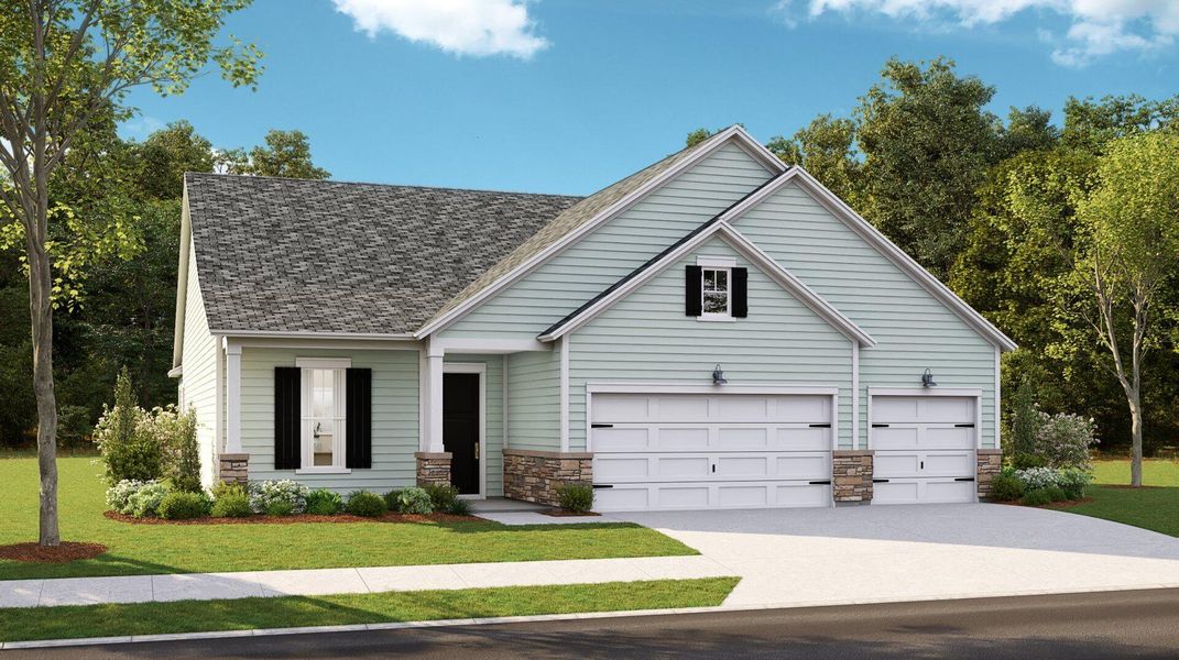 Front exterior of a new home in Horizons at Summers Corner | 55+: The Estates, Summerville, SC, highlighting curb appeal (Image 1).