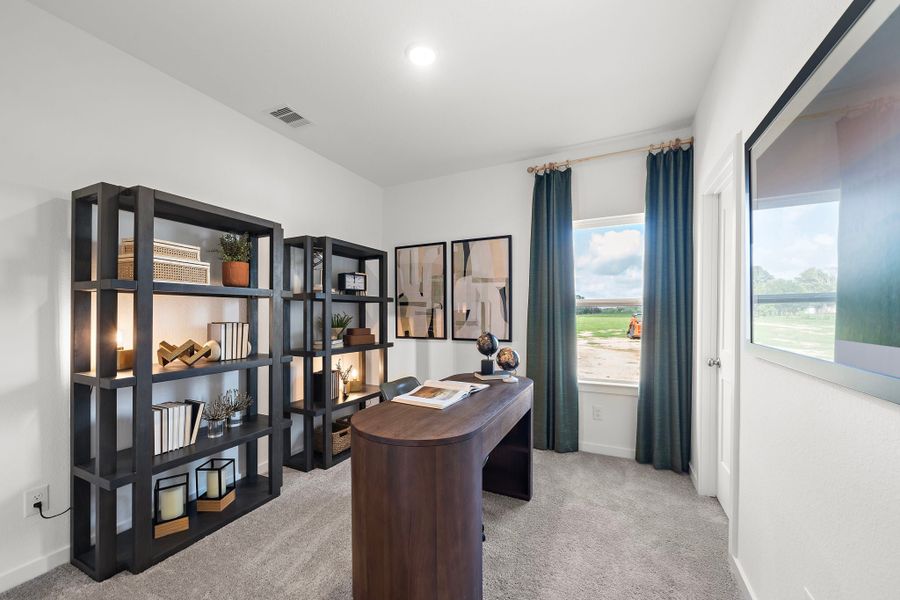 A room with a desk and shelves.