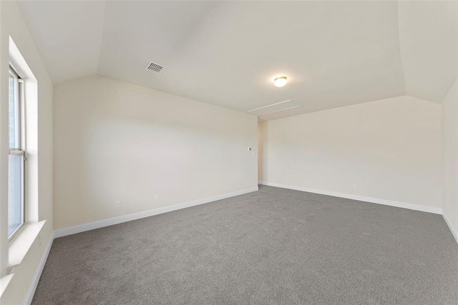 Empty room with dark carpet and lofted ceiling