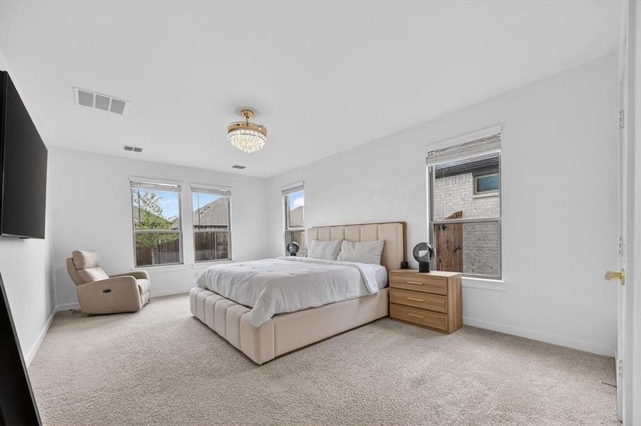 Carpeted bedroom featuring white walls, multiple windows with blinds, and a decorative ceiling light fixture