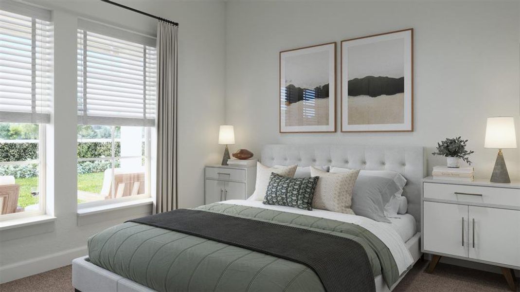 You'll find nicely sized secondary bedrooms in our Benoit floor plan.  VIRTUALLY STAGED RENDERING