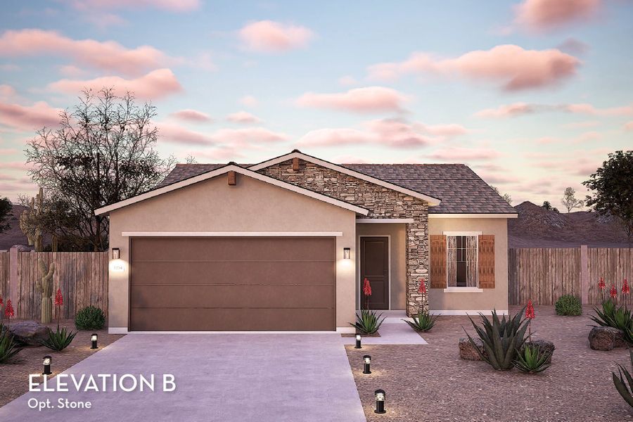 Representative exterior photo of a completed home built from the Leon by CastleRock Communities in Hayden Estates, Buckeye, AZ (Image 4). Representative exterior photo of a completed home built from the Leon by CastleRock Communities in Hayden Estates, Buckeye, AZ (Image 4).