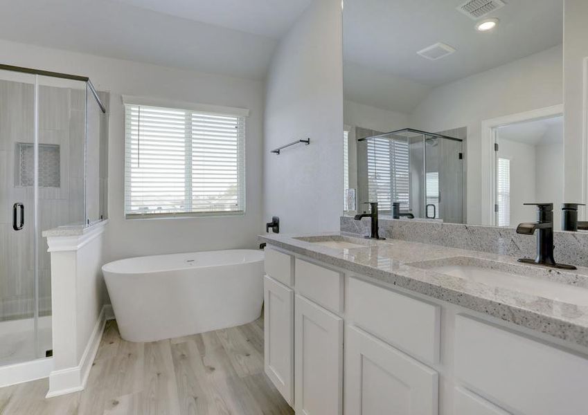 Master bath with a soaking tub, walk-in shower and two sinks.