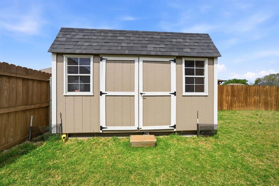 View of shed with a fenced backyard