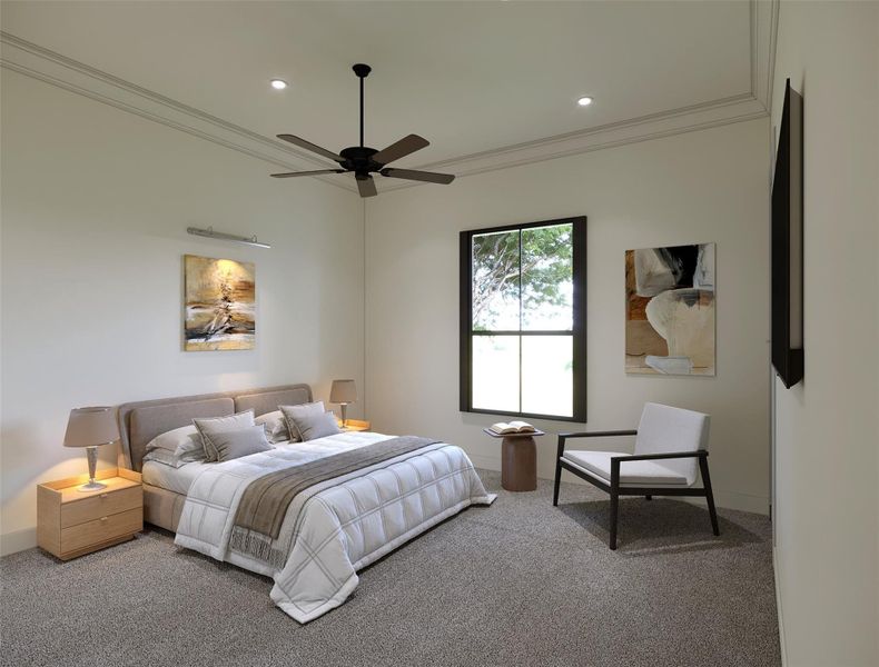 Rendering photo-Spacious and inviting guest bedroom with modern decor, soft lighting, and a serene atmosphere perfect for relaxation.