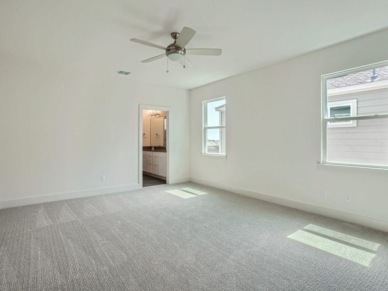 Spare room featuring carpet floors, plenty of natural light, and ceiling fan