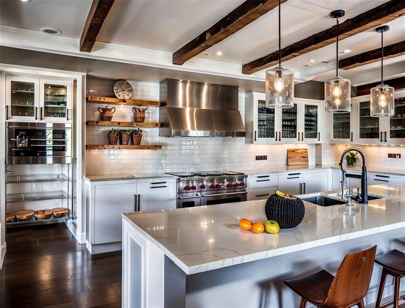 Kitchen featuring a sink, backsplash, white cabinetry, wall chimney exhaust hood, and range with two ovens