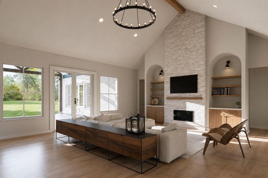 High ceilings in the living room and fireplace.