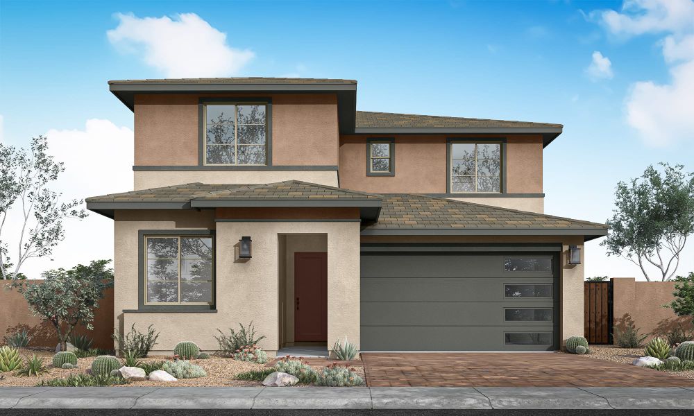 Front exterior of a new home in Terraza, San Tan Valley, AZ, highlighting curb appeal (Image 1). Front exterior of a new home in Terraza, San Tan Valley, AZ, highlighting curb appeal (Image 1).