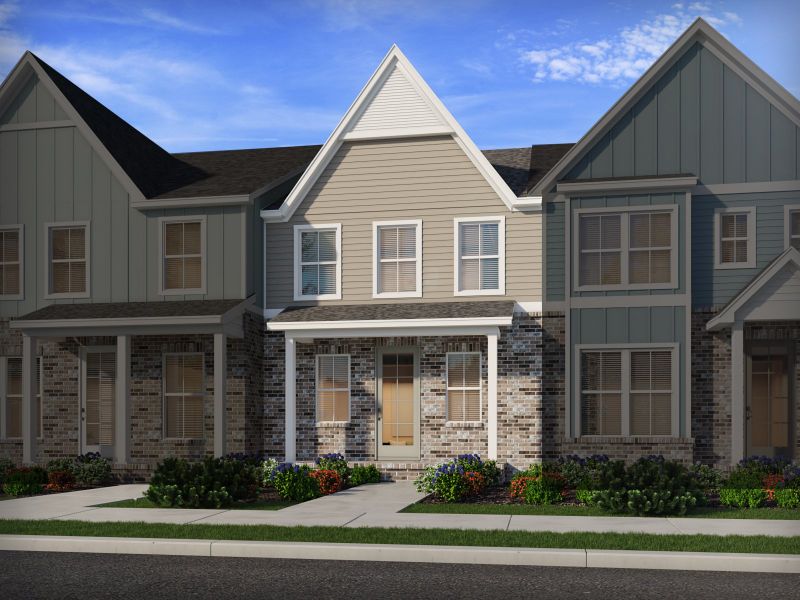 Front exterior of a new home in Greystone - Vista Townhomes, Smyrna, TN, highlighting curb appeal (Image 1). Front exterior of a new home in Greystone - Vista Townhomes, Smyrna, TN, highlighting curb appeal (Image 1).
