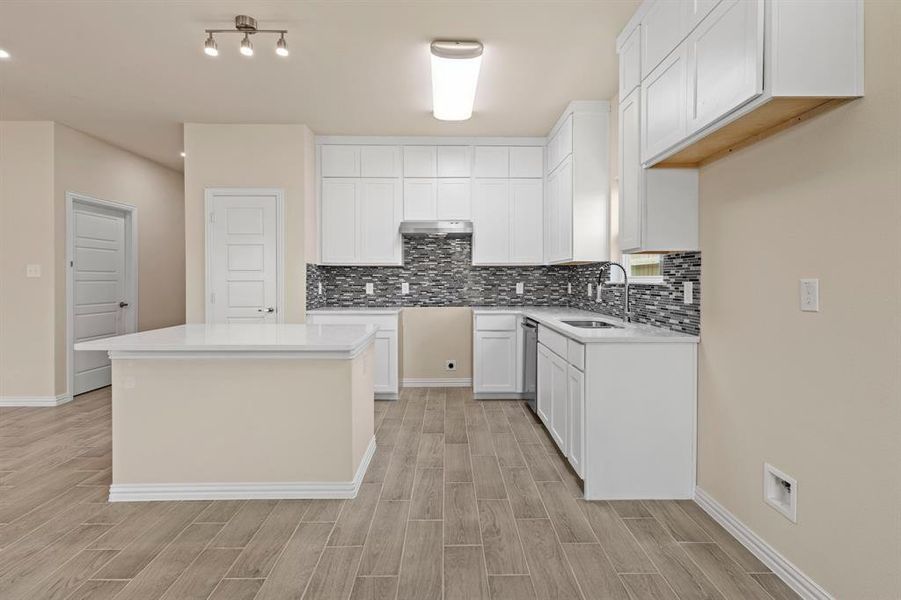 Kitchen featuring wood finish floors, a sink, under cabinet range hood, and stainless steel dishwasher