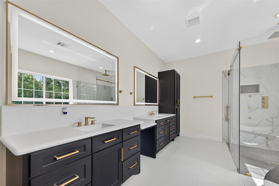 Luxury LED Mirror – 60" x 40" gold-framed design with front/back lighting, stepless dimming, anti-fog, shatterproof glass, and 3-color memory.