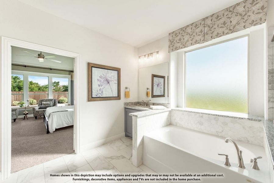 Ensuite bathroom with soaking tub, granite vanity, and view into carpeted master bedroom