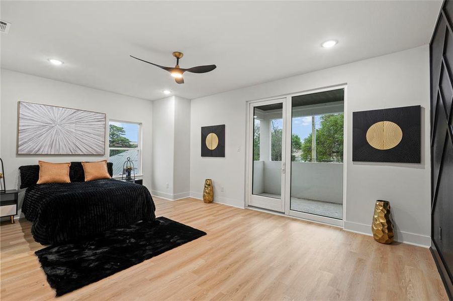 Bedroom with baseboards, ceiling fan, access to outside, wood finished floors, and recessed lighting