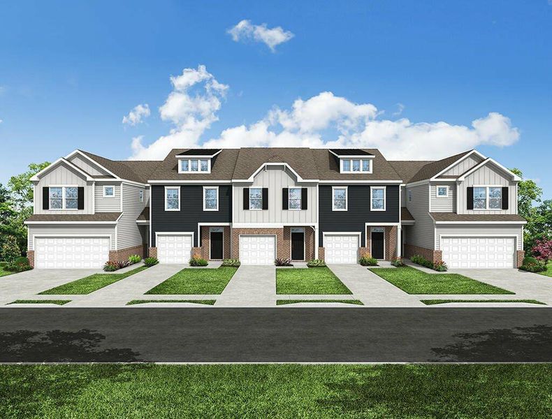 Front exterior of a new home in Bellevue Townhomes, Greenville, SC, highlighting curb appeal (Image 2).